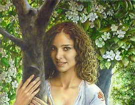 The translation of "В садочку масло, холст" into English is "In the garden, oil, canvas."