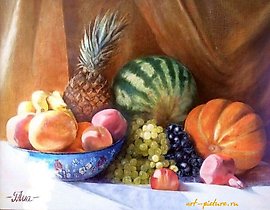 静物画：碗和水果，油画，画布