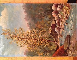 The translation of the text "Алыча цветёт Масло, холст" into English is "The plum blooms Oil, canvas."