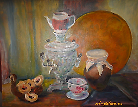 The text translates to: "Samovar with bagels, oil on cardboard."