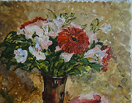 The translation of the text is: "Bouquet with gerberas, oil, canvas on cardboard."