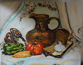 The translation of the text is: "Still life, rural oil on canvas."