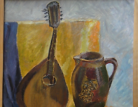 The text translates to: "Still life with a mandolin, oil on cardboard."