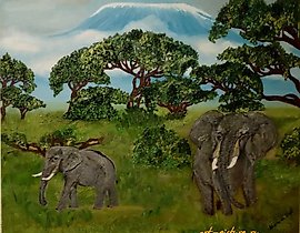 The text translates to "Wildlife of Kilimanjaro oil on canvas."