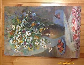 The translation of the text "Букет Масло, холст" into English is "Bouquet Oil, canvas."