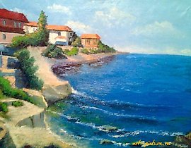 "Riviera canvas on stretcher, oil, brush, palette knife."