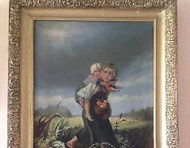 The translation of the text "Дети бегущие от грозы масло, холст" into English is "Children running from the storm, oil, canvas."