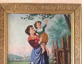 The translation of "В саду масло, холст" into English is "In the garden, oil (painting), canvas."