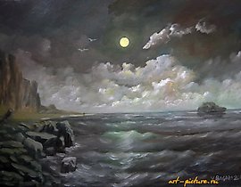 The translation of the text "Пустынный пляж масло, холст" into English is "Deserted beach oil, canvas."