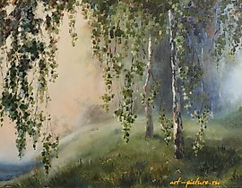 The translation of the text "Утро туманное масло, холст" into English is "Morning, misty oil, canvas."
