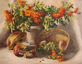 The translation of the text "Дары леса масло, холст" into English is "Gifts of the forest oil, canvas."