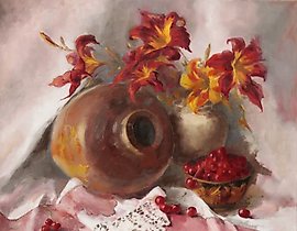 The translation of "Лилейники масло, холст" into English is "Daylilies oil, canvas."