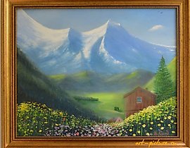 The translation of the text "жизнь в горах холст масло" into English is "life in the mountains oil on canvas."