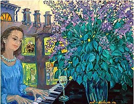 年轻的女士在钢琴前 画布，油画