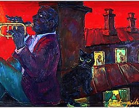 The text translates to: "Trumpeter at Sunset 130x85 untitled Canvas, oil."