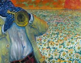 "Trumpet in Daisies Canvas, oil"