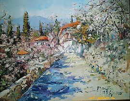 The translation of "Цветущие деревья" into English is "Blooming trees."