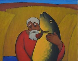 老人和鱼 画布，油画