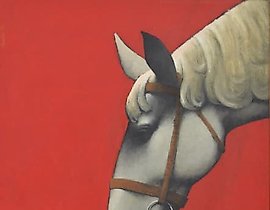 The text translates to "Two comrades, canvas, oil" in English.