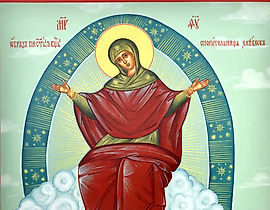 The handwritten icon of the Mother of God "Intercessor of Bread" wooden, tempera.