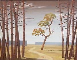 "Landscape with a solitary tree, oil on canvas."