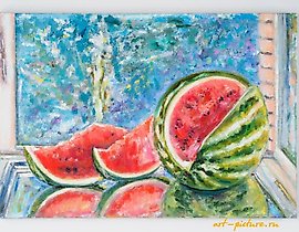 The translation of "Арбуз масло, холст" into English is "Watermelon oil, canvas."