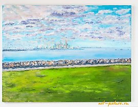 The translation of the text is: "View of Melbourne, oil on canvas."