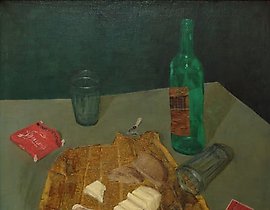 Still Life with Vermouth, mixed media, canvas, oil, collage.