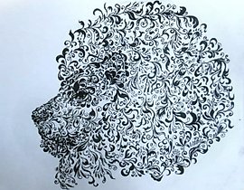 "Lacy lion: ink, feather, paper."
