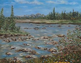 "Mountain river oil on canvas"