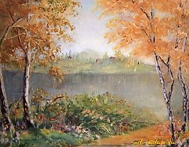 The text translates to "Quiet river oil on canvas."