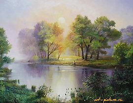 清晨的钓鱼 油画，画布