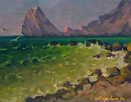 "海中的岩石" 油画, 布面