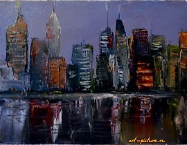 The translation of the text is: "Night city oil, canvas, palette knife."