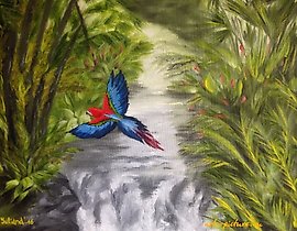 The translation of the text is: "Mist over the waterfall, oil on canvas."