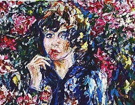 "女孩在花的环绕中" 油画，混合媒介