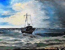 The translation of "Баркас масло, холст на картоне" into English is "Barkas oil, canvas on cardboard."