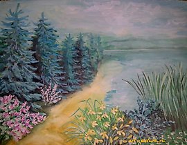 The translation of "Берег акварель, бумага" into English is "Watercolor shore, paper."