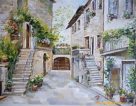 意大利托斯卡纳的小巷 油画，画布