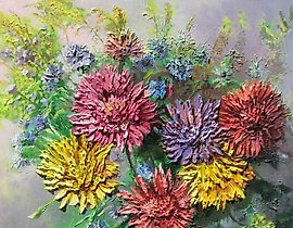 The translated text is: "Morning still life Oil, canvas, watercolor, palette knife."