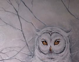 The text translates to "Little Owl, canvas, acrylic."