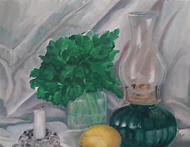 Still Life with Lemon and Parsley, oil on canvas on cardboard.