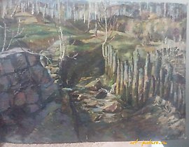 "Old pond. Canvas on cardboard. Oil."