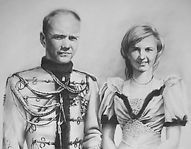 "Costumed portrait of a young couple. Paper, oil, dry brush."