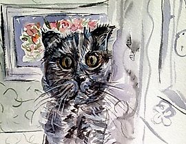 The translation of the text is: "Portrait of my frightened Dushka, paper, gouache."