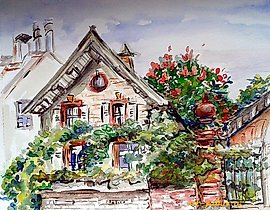 这句话的中文翻译是：“罗德施塔特的某个房子，纸本，水彩。”