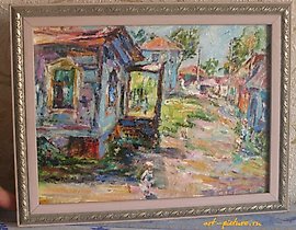 The translation of "Улочки холст масло" into English is "Streets, oil on canvas."