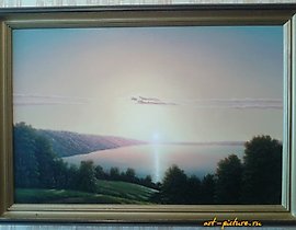 湖上的日落。丙烯画