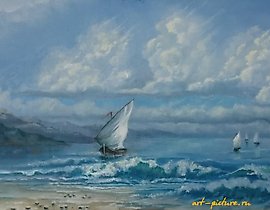 The translation of "Домой под парусом" is "Home Under Sail" and "холст, масло" translates to "canvas, oil" (referring to the medium of the artwork).