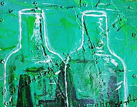 The translated text is: "Wind-up binge acrylic, enamel, hardboard, metal."